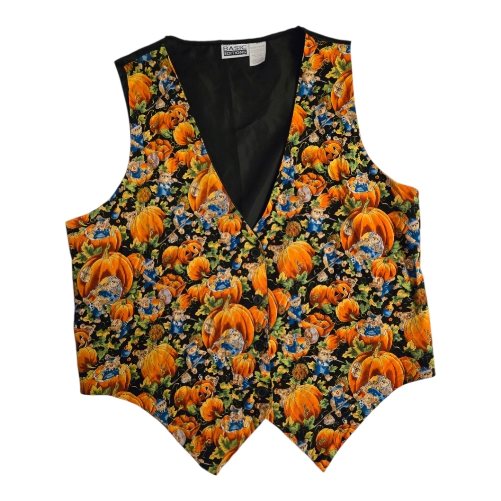 Vintage Basic Editions Halloween Teddy Bear Pumpkin Print Vest